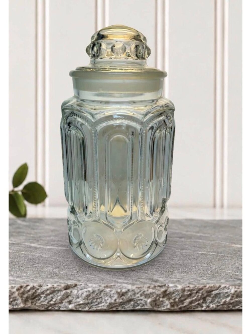 LE Smith Moon And Stars 11.5\\\" Clear Glass Canister Jar w/lid Large Vintage